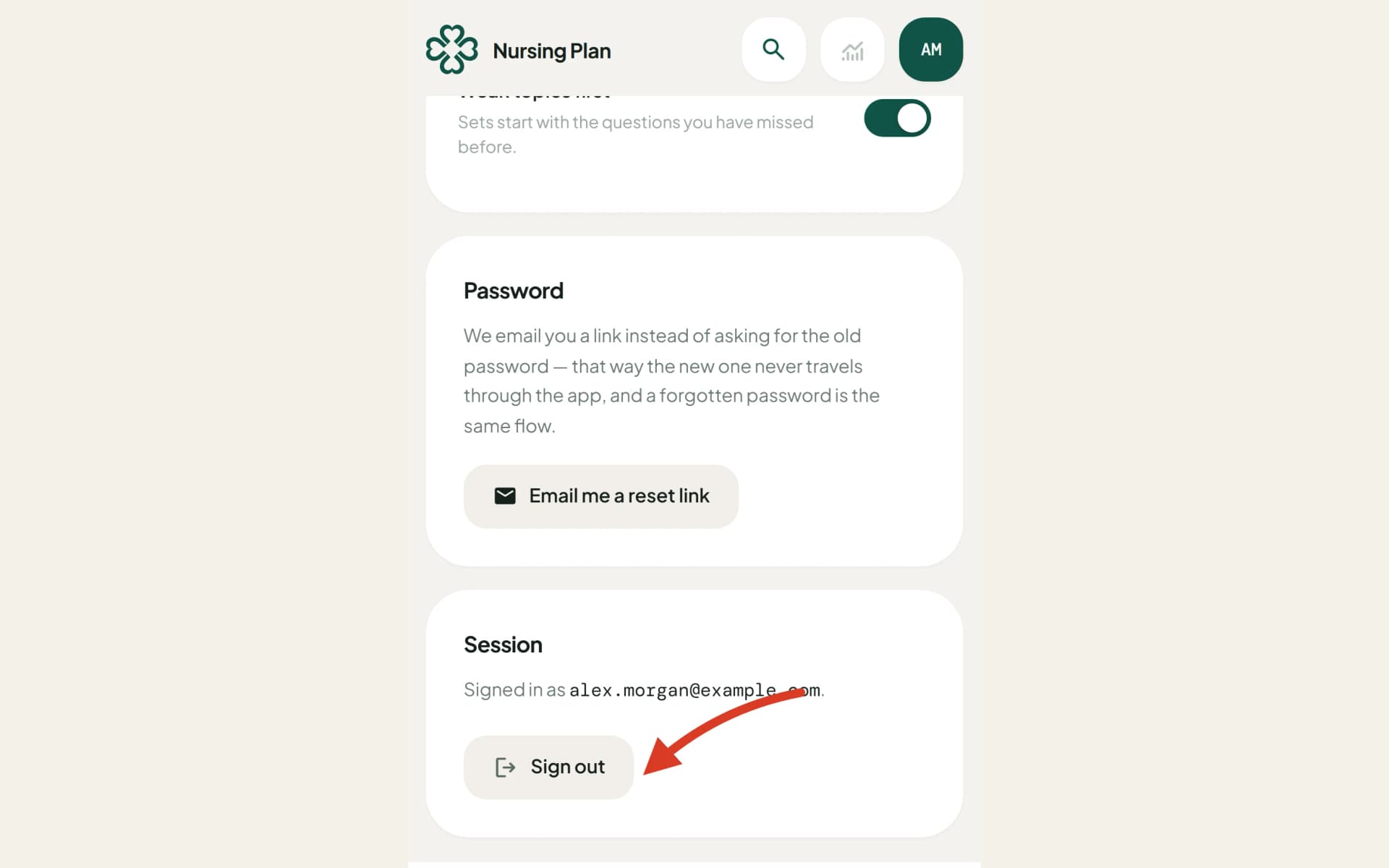 The Session card in Settings with an arrow pointing at the “Sign out” button