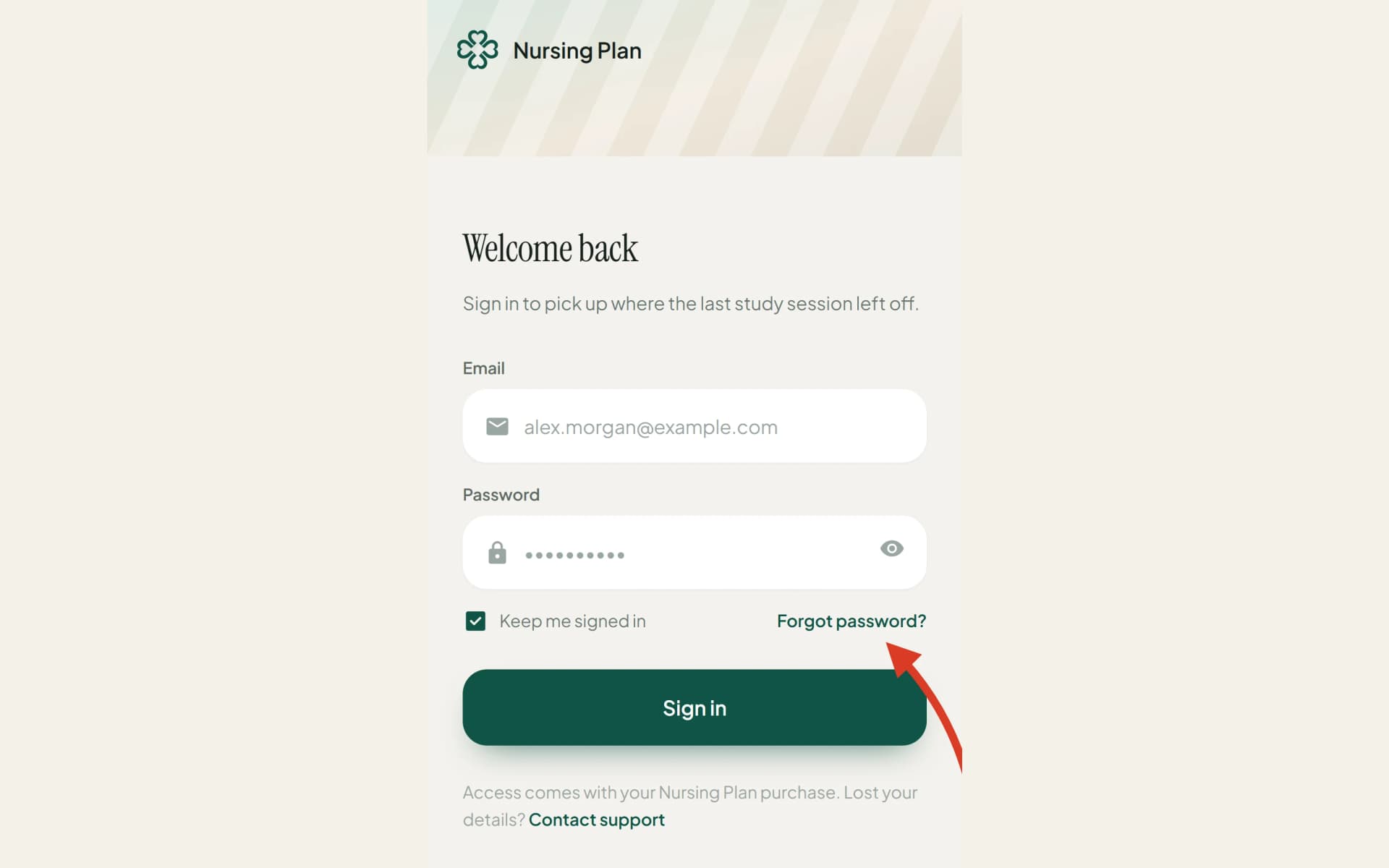 The sign-in screen with an arrow pointing at the “Forgot password?” link under the password field
