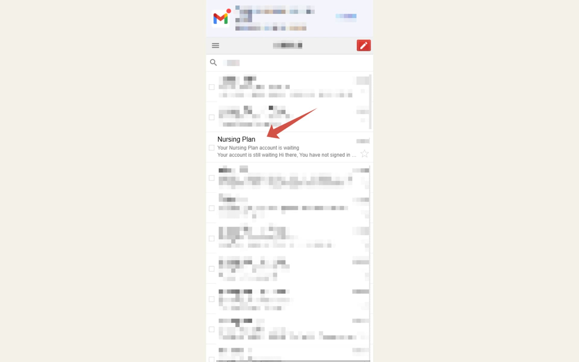An inbox with an arrow pointing at the letter from Nursing Plan