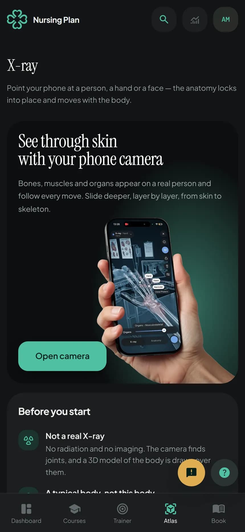The X-ray page with the Open camera button